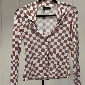 Sheer Mesh Brown and White Long Sleeve Top